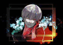 Rule 34 | 1boy, black background, closed mouth, colored skin, cropped head, flower, grey hair, hand on own neck, hands up, heterochromia, highres, kaneki ken, kyuuba melo, male focus, red background, red eyes, red skin, short hair, solo, tokyo ghoul, white flower