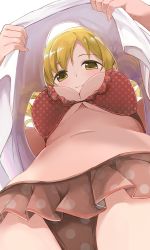 Rule 34 | 1girl, bikini, blonde hair, breasts, closed mouth, clothes lift, from below, highres, hiroki (yyqw7151), large breasts, lifting own clothes, looking at viewer, looking down, mahou shoujo madoka magica, mahou shoujo madoka magica (anime), navel, polka dot, polka dot bikini, red bikini, shirt, shirt lift, short hair, simple background, smile, solo, stomach, swimsuit, tomoe mami, upshirt, white background, white shirt, yellow eyes