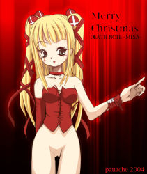 Rule 34 | 00s, 1girl, 2004, amane misa, arm warmers, bandages, black eyes, blonde hair, blood, bottomless, bracelet, choker, christmas, corset, cowboy shot, cross, death note, facial mark, hair ribbon, jewelry, long hair, merry christmas, parted lips, pointing, red background, red ribbon, red shirt, ribbon, shirt, solo, strapless, twintails