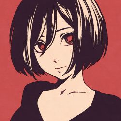 Rule 34 | black hair, black shirt, bob cut, closed mouth, hair between eyes, looking at viewer, moshimoshibe, original, portrait, red background, red eyes, shirt, short hair, simple background, solo, swept bangs, texture