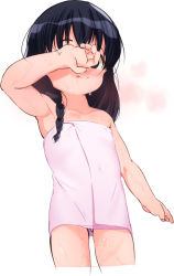 Rule 34 | 1girl, :p, after bathing, angie (meganekko-geki-love-1008), black hair, blush, braid, child, covering face, cropped legs, female focus, naked towel, original, single braid, smile, solo, tongue, tongue out, towel, wet, white background