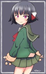 Rule 34 | 1girl, black background, black hair, blush, bow, green jacket, green skirt, highres, ishigaki (kancolle), jacket, kantai collection, long sleeves, ma rukan, pleated skirt, pom pom (clothes), red eyes, red neckwear, ribbon, sailor collar, short hair, signature, simple background, skirt, smile, solo