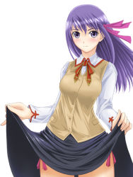 Rule 34 | 00s, 1girl, bad id, bad pixiv id, blue eyes, blue hair, blush, chiro, clothes lift, fate/stay night, fate (series), homurahara academy school uniform, long hair, looking at viewer, matching hair/eyes, matou sakura, panties, purple eyes, purple hair, school uniform, serafuku, side-tie panties, simple background, skirt, skirt lift, solo, underwear, upskirt, white background