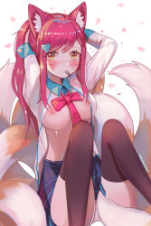 Rule 34 | 1girl, absurdres, academy ahri, ahri (league of legends), alternate hair color, animal ears, black thighhighs, blush, breasts, facial mark, fox ears, fox girl, fox tail, hair ornament, hairclip, heart, heart hair ornament, highres, large breasts, league of legends, long hair, looking at viewer, meowlian, multiple tails, open clothes, open shirt, panties, pantyshot, red hair, school uniform, skirt, slit pupils, solo, tail, thighhighs, underwear, whisker markings, white panties, yellow eyes