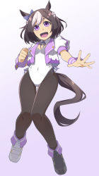 Rule 34 | 1girl, absurdres, adapted costume, alto-00, animal ears, black pantyhose, blue ribbon, bow, breasts, brown hair, ear bow, full body, gradient background, highres, horse ears, horse girl, horse tail, jacket, leotard, pantyhose, puffy sleeves, purple eyes, ribbon, short hair, short sleeves, sidelocks, small breasts, solo, special week (umamusume), strapless, strapless leotard, tail, umamusume, white jacket, white leotard, wristband
