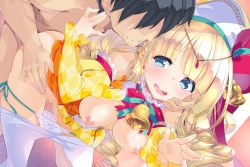 Rule 34 | 1boy, 1girl, blonde hair, blue eyes, breasts, censored, clothed sex, flower knight girl, fujishima-sei ichi-gou, game cg, hand on another&#039;s face, hetero, nipples, official art, panties, sandersonia (flower knight girl), sex, solo focus, underwear, vaginal