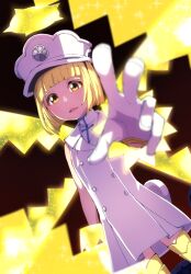 Rule 34 | 1girl, arm at side, bleach, bleach: sennen kessen-hen, blonde hair, blunt bangs, blunt ends, blurry, bob cut, collared dress, commentary, cowboy shot, d:, depth of field, dress, dutch angle, energy wings, gloves, gold thighhighs, halo, highres, liltotto lamperd, looking at viewer, open mouth, outdoors, reaching, reaching towards viewer, red sky, short dress, short hair, signature, simple background, sky, sleeveless, sleeveless dress, solo, sparkle, straight hair, tareme, thighhighs, thin (suzuneya), vollstandig, white dress, white gloves, yellow eyes, yellow halo, zettai ryouiki