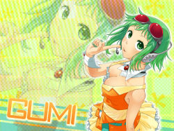 Rule 34 | 1girl, :p, breasts, cleavage, female focus, goggles, goggles on head, green eyes, green hair, gumi, headphones, headset, highres, junji, matching hair/eyes, nail polish, short hair, skirt, smile, solo, tongue, tongue out, vocaloid, wrist cuffs, zoom layer