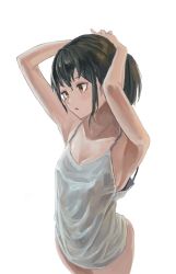 Rule 34 | 1girl, adjusting hair, arched back, armpits, arms behind head, arms up, black hair, blush, breasts, brown eyes, cleavage, cowboy shot, fjsmu, highres, medium breasts, no pants, open mouth, original, ponytail, sidelocks, simple background, sketch, sleepwear, solo, spaghetti strap, tank top, white background