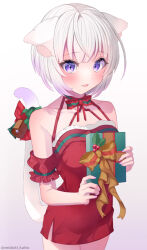 Rule 34 | 1girl, animal ears, bell, blush, bob cut, bow, bowtie, cat ears, cat tail, christmas, commentary, commission, dress, gift, gogat8, gradient background, grey background, halterneck, holding, holding gift, holly, looking at viewer, off-shoulder dress, off shoulder, open mouth, original, purple eyes, red bow, red bowtie, red dress, short dress, short hair, side slit, skeb commission, smile, solo, standing, tail, tail bell, tail bow, tail ornament, twitter username, white hair