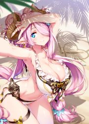 Rule 34 | 10s, 1girl, armpits, arms up, ass, beach, bikini, blue eyes, blush, braid, breasts, cleavage, closed mouth, double bun, draph, granblue fantasy, hair bun, hair over one eye, hong (white spider), horns, kneeling, large breasts, long hair, looking at viewer, narmaya (granblue fantasy), narmaya (summer) (granblue fantasy), navel, outdoors, palm tree, pink hair, reaching, reaching towards viewer, selfie, shade, smile, solo, swimsuit, thighs, tree, v, very long hair, white bikini