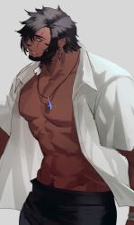 Rule 34 | 1boy, abs, absurdres, bara, bare pectorals, beard, belov w, cowboy shot, dark-skinned male, dark skin, earrings, facial hair, final fantasy, final fantasy xiv, hair over one eye, highres, jewelry, large pectorals, looking to the side, male focus, mature male, muscular, muscular male, navel hair, necklace, open clothes, pectorals, roegadyn, scar, scar across eye, short hair, sideburns, solo, stomach