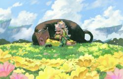 Rule 34 | 2girls, animal ears, animal hands, bare shoulders, black gloves, blue sky, breasts, cliff, closed eyes, closed mouth, cloud, cloudy sky, commentary request, day, dress, erune, field, floating island, flower, flower field, gloves, granblue fantasy, hair flower, hair ornament, highres, long hair, melleau, multiple girls, nemone, on grass, outdoors, pants, parted lips, paw gloves, pink flower, siblings, silver hair, sisters, sitting, sky, small breasts, strapless, very long hair, wasabi60, white flower, yellow dress, yellow flower, yellow pants