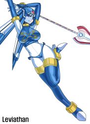 Rule 34 | 1girl, arm behind head, arm over head, armpits, arms up, blue eyes, bodysuit, boots, breasts, capcom, character name, full body, helmet, high heels, holding, holding spear, holding weapon, large breasts, leg up, fairy leviathan (mega man), looking at viewer, looking down, polearm, mega man (series), mega man zero (series), simple background, solo, spear, thigh boots, thighhighs, weapon, white background