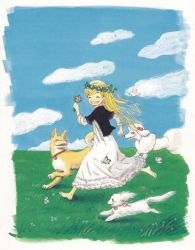 Rule 34 | 00s, 1girl, barefoot, blonde hair, bug, butterfly, chika umino, dog, dress, feet, field, flower, grass, hanamoto hagumi, happy, honey and clover, bug, jpeg artifacts, leader, long hair, outdoors, multiple dogs, poodle, running, smile, soles, solo, toes, umino chika