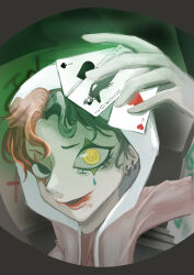 Rule 34 | absurdres, ambiguous gender, arm up, black eyes, card, facepaint, heart, heterochromia, highres, holding, holding card, joker (playing card), looking at viewer, original, playing card, portrait, smile, spade (shape), stairs, user zeme2272, yellow eyes