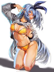 Rule 34 | 1girl, barefoot, bikini, bikini under clothes, blue eyes, blue hair, blue hairband, borrowed character, bow hairband, breasts, cleavage, clothes lift, commentary, english commentary, fingernails, full body, gift art, grey sweater, hair intakes, hairband, highres, kneeling, legs together, lifting own clothes, lips, long hair, looking at viewer, medium breasts, bae minah (chaesu), navel, nose, original, photo-referenced, smile, solo, sweater, sweater lift, swimsuit, tan, the white box studio, toned, underboob, very long hair, white background, yellow bikini