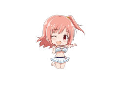 Rule 34 | 1girl, absurdres, artist request, bare shoulders, barefoot, bikini, bikini skirt, blush, bracelet, breasts, chibi, dead or alive, dead or alive xtreme, full body, highres, honoka (doa), jewelry, jumping, long hair, looking at viewer, medium breasts, navel, one eye closed, open mouth, pink hair, ponytail, red eyes, side ponytail, simple background, smile, solo, swimsuit, white background