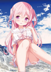 Rule 34 | 1girl, :d, arm support, bikini, blue sky, blush, bow, chinomaron, cloud, cloudy sky, commentary request, day, feet out of frame, frilled sailor collar, frills, hair between eyes, hair bow, hand up, head tilt, highres, horizon, knees together feet apart, knees up, long hair, looking at viewer, ocean, open mouth, original, outdoors, pink bow, pink hair, purple eyes, sailor collar, sky, smile, solo, swimsuit, two side up, very long hair, water, white bikini, white bow, white sailor collar