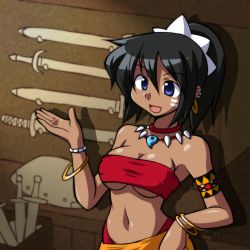 1girl absurdres armband atlus bandeau bandeau_bikini bare_shoulders bikini black_hair blue_eyes bracelet breasts chiki_(chikibw) cleavage curvy dark-skinned_female dark_skin earrings etrian_odyssey hand_on_own_hip highres jewelry long_hair medium_breasts midriff navel necklace ponytail sarong shilleka smile solo strapless swimsuit sword thong_bikini tube_top underboob weapon