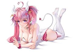 Rule 34 | 1girl, ahoge, ass, bare shoulders, breasts, checkered thighhighs, choker, cleavage, demon girl, demon horns, demon tail, hair ornament, heart, heart ahoge, heart choker, heart hair ornament, highres, horns, ironmouse, ironmouse (race queen), large breasts, leotard, long hair, lying, matrix16, multicolored hair, nail polish, on stomach, pink choker, pink hair, pink nails, purple eyes, purple hair, smile, solo, streaked hair, tail, the pose, twintails, v, virtual youtuber, vshojo, white leotard