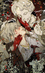 Rule 34 | 1boy, blood, blood on face, blood on hands, broken statue, brown eyes, cigarette, commentary, crack, cross, cross necklace, grey hair, hammer, hand on another&#039;s face, hand on another&#039;s head, highres, hiranko, holding, holding hammer, jacket, jewelry, looking at another, male focus, mouth hold, necklace, open clothes, open jacket, original, plant, shirt, short hair, smile, smoke trail, smoking, statue, white hair, white shirt