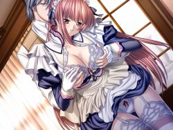 Rule 34 | 1boy, 1girl, bow, bow panties, bra, grabbing another&#039;s breast, breasts, cleavage, clothes lift, dress, dress lift, dutch angle, frills, game cg, garter belt, gloves, grabbing, grabbing from behind, grey hair, groping, guided breast grab, guiding hand, head tilt, hetero, lace, lace-trimmed bra, lace-trimmed legwear, lace trim, large breasts, long hair, lycoris radiata, maid, open clothes, open shirt, panties, pink eyes, pink hair, shirt, solo focus, thigh gap, thighhighs, thighs, tsuzuri (lycoris radiata), underwear, very long hair, white gloves, white panties, white thighhighs, window, yokota mamoru, zettai ryouiki