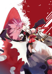 Rule 34 | 1girl, absurdres, baiken, bana (stand flower), breasts, cleavage, eyepatch, facial mark, guilty gear, guilty gear xrd, highres, japanese clothes, katana, kimono, large breasts, open clothes, open kimono, pink hair, ponytail, red background, red eyes, rope, rope belt, samurai, sash, scar, scar across eye, scar on face, sheath, sheathed, sideboob, simple background, skull print, solo, sword, umbrella, weapon