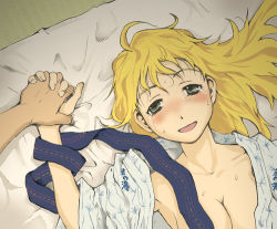 Rule 34 | 00s, 1girl, afterglow, aftersex, blonde hair, breasts, cleavage, from above, holding hands, happy, hoshii miki, idolmaster, idolmaster (classic), idolmaster 1, interlocked fingers, looking at viewer, open clothes, solo focus, tamaoki benkyou, tears