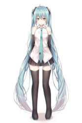Rule 34 | 1girl, akira (been0328), bad id, bad pixiv id, bare shoulders, black footwear, black skirt, black sleeves, black thighhighs, blue eyes, blue hair, blue necktie, blush, boots, closed mouth, collared shirt, commentary, detached sleeves, full body, hatsune miku, highres, long hair, looking at viewer, necktie, pleated skirt, shadow, shirt, skirt, sleeveless, sleeveless shirt, solo, standing, thigh boots, thighhighs, tie clip, twintails, very long hair, vocaloid, white background, white shirt