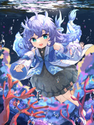 Rule 34 | 1girl, :d, ahoge, air bubble, bailu (honkai: star rail), black dress, blue eyes, blue hair, blurry, blurry background, braid, bubble, chahei, coral, depth of field, detached sleeves, dress, fang, highres, honkai: star rail, honkai (series), horns, long hair, long sleeves, looking at viewer, low twintails, open mouth, sleeveless, sleeveless dress, smile, solo, twin braids, twintails, underwater, very long hair, water, white footwear, white sleeves