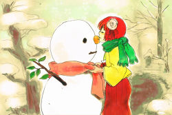 Rule 34 | 1girl, female focus, hakama, hakama skirt, heida no akyuu, hieda no akyuu, japanese clothes, kimono, kuma (artist), kuma (crimsonvanilla), perfect memento in strict sense, red hakama, scarf, skirt, snowman, solo, touhou