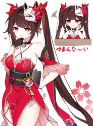 Rule 34 | 1girl, bare shoulders, black choker, black gloves, bow, breasts, brown hair, chibi, choker, cleavage, collarbone, criss-cross halter, dress, fox mask, gloves, hair bow, hair intakes, halterneck, hand on own chin, hand on own hip, heart, highres, honkai: star rail, honkai (series), large breasts, legs together, long hair, looking at viewer, mask, mask on head, multiple views, nirako mona, o-ring, pelvic curtain, pink eyes, red bow, red dress, short dress, side slit, sidelocks, simple background, single glove, sleeveless, sleeveless dress, sparkle (honkai: star rail), thighs, twintails, white background