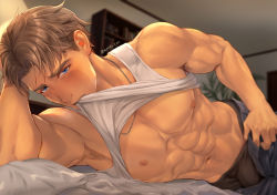 Rule 34 | 1boy, abs, armpit hair, armpits, bara, bare pectorals, bed, black male underwear, blue eyes, blush, brown hair, clothes lift, jewelry, large pectorals, looking at viewer, lying, male focus, male underwear, male underwear peek, mondi hl, muscular, muscular male, navel, necklace, nipples, on bed, on side, open pants, original, pants, pectorals, short hair, solo, tank top, twitter username, underwear, white tank top