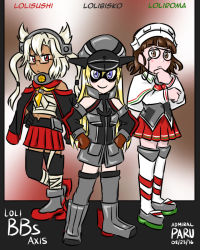 Rule 34 | 10s, 3girls, admiral paru, anchor, bismarck (kancolle), black gloves, black legwear, blonde hair, brown eyes, brown gloves, brown hair, budget sarashi, c:, capelet, commentary, detached sleeves, glasses, gloves, hat, headgear, kantai collection, long hair, looking at viewer, multiple girls, musashi (kancolle), navel, peaked cap, pince-nez, pleated skirt, purple eyes, red eyes, roma (kancolle), sarashi, short hair, silver hair, skirt, smile, tan, thighhighs, two side up, aged down, zettai ryouiki