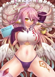 Rule 34 | 1girl, angel, angel wings, arm length gloves, arm up, armpits, asymmetrical legwear, bed, bed sheet, breasts, cameltoe, covered erect nipples, crop top, emperpep, feathers, halo, hand on own chest, highleg, highleg panties, highres, jibril (no game no life), large breasts, long hair, looking at viewer, lying, mismatched legwear, multicolored hair, navel, nipples through clothes, no game no life, on back, panties, peprepme, pillow, pink hair, purple panties, spread legs, tablet, tattoo, thick thighs, thighs, underwear, very long hair, wings, yellow eyes
