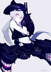 Rule 34 | 10s, 1girl, abyssal ship, amputee, blush, choker, colored skin, commentary request, destroyer princess, gloves, hat, kantai collection, long hair, looking at viewer, midriff, navel, purple eyes, school uniform, side ponytail, skirt, sleeveless, so shina, sohin, solo, white hair, white skin