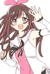 Rule 34 | 1girl, brown hair, hairband, highres, kizuna ai, kizuna ai inc., lace-trimmed sleeves, lace trim, long hair, looking at viewer, multicolored hair, namori, open mouth, pink hairband, simple background, smile, solo, streaked hair, virtual youtuber, white background