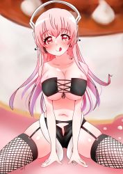 Rule 34 | 1girl, :q, aki sakura, bandeau, belt, blush, breasts, cleavage, fishnet thighhighs, fishnets, garter belt, garter straps, headphones, highres, large breasts, licking lips, long hair, looking at viewer, navel, nitroplus, open fly, pink hair, red eyes, sexually suggestive, shiny skin, short shorts, shorts, skindentation, smile, solo, suggestive fluid, super sonico, thighhighs, tongue, tongue out, unbuttoned, unzipped