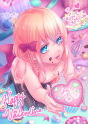 Rule 34 | 10s, 1boy, :p, black thighhighs, blonde hair, blue eyes, bow, braid, cake, candy, chocolate, chocolate on face, cupcake, food, food on face, hair bow, happy valentine, heart, heart-shaped food, male focus, midare toushirou, nipples, nude, raine (brandnewdayz), side braid, solo, thighhighs, tongue, tongue out, touken ranbu, trap, valentine, whisk