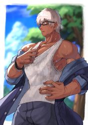 Rule 34 | 1boy, alternate costume, alternate hairstyle, archer (fate), bara, bellsaltr, brown eyes, dark skin, dark-skinned male, fate/stay night, fate (series), glasses, highres, large pectorals, male focus, manly, muscular, nipple slip, nipples, pectorals, topless male, short hair, solo, standing, archer (summer casual) (fate), sweat, tank top, undressing, upper body, white hair