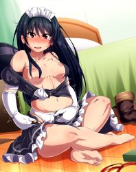 Rule 34 | 1girl, bad feet, barefoot, bed, blush, breasts, breasts out, collarbone, elbow gloves, full body, gloves, highres, indian style, long hair, looking at viewer, magukappu, maid, maid headdress, medium breasts, navel, nipples, no bra, off shoulder, open clothes, open mouth, open shirt, open skirt, original, panties, plump, puffy short sleeves, puffy sleeves, red eyes, shirt, short sleeves, sitting, skirt, skirt set, solo, tears, underwear, undressing, very long hair, white gloves, white panties
