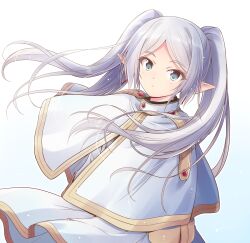 Rule 34 | 1girl, blue eyes, capelet, dress, elf, floating hair, frieren, highres, long hair, looking at viewer, parted bangs, pointy ears, shizuna kaede, simple background, solo, sousou no frieren, standing, twintails, white background, white capelet, white dress, white hair