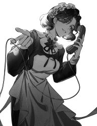 1girl absurdres apron cable corded_phone dress greyscale grin hands_up highres holding holding_cable holding_phone leaning_forward long_dress long_sleeves looking_to_the_side maid maid_headdress monochrome mugugu neck_flower neck_ribbon phone reverse:1999 ribbon short_hair smile solo talking_on_phone tuesday_(reverse:1999) upper_body white_background