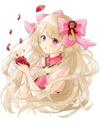 Rule 34 | 1girl, blonde hair, chaos marie (grimms notes), cleavage cutout, clothing cutout, flower, grimms notes, hair ribbon, heart, heart-shaped pupils, highres, holding, holding flower, jewelry, long hair, looking at viewer, necklace, neneko sleep, open mouth, pink eyes, puffy sleeves, ribbon, rose, simple background, solo, symbol-shaped pupils, upper body, white background