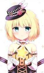 Rule 34 | 1girl, aqua eyes, bare shoulders, black bow, blonde hair, blush, bow, closed mouth, collar, commentary request, cupping hands, dress, elbow gloves, flower, frills, gloves, gochuumon wa usagi desu ka?, halterneck, hat, hat flower, hat ornament, highres, himarisu (hida mari), kirima syaro, looking at viewer, mini hat, orange dress, own hands together, rose, short hair, signature, simple background, sleeveless, sleeveless dress, smile, solo, star (symbol), striped, striped bow, top hat, upper body, white background, white gloves, wristband