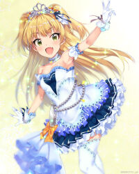 Rule 34 | 1girl, arm guards, arm up, armpits, bare shoulders, black ribbon, blonde hair, blurry, blush, bracelet, breasts, choker, cleavage, collarbone, dot nose, dress, fang, frilled dress, frills, gem, gloves, gradient background, green eyes, hair ribbon, idolmaster, idolmaster cinderella girls, idolmaster cinderella girls starlight stage, jewelry, jougasaki rika, layered dress, long hair, looking at viewer, mizuki makoto, necklace, open mouth, orange ribbon, pearl (gemstone), pearl bracelet, pearl necklace, ribbon, small breasts, smile, solo, sparkle, star (symbol), starry background, starry sky bright (idolmaster), thighhighs, tiara, twitter username, two side up, v, watch, white choker, white dress, white gloves, white thighhighs, yellow background