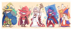 Rule 34 | 2boys, 3girls, alternate costume, bartz klauser, belt, beret, black mage (final fantasy), blonde hair, blue mage, boots, brown hair, cape, chibi, cloak, facial hair, faris scherwiz, final fantasy, final fantasy v, galuf halm baldesion, grey hair, hair over one eye, hat, hat feather, highres, hood, krile mayer baldesion (ff5), lenna charlotte tycoon, looking at viewer, mask, multiple boys, multiple girls, mustache, pants, pink hair, purple hair, rapier, red mage (final fantasy), rod, scabbard, serious, sheath, short hair, shouta (shbz), smile, staff, striped clothes, striped pants, sword, weapon, white mage (final fantasy), wizard hat