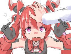 Rule 34 | 1girl, elbow gloves, embarrassed, flat chest, gender request, genderswap, gloves, hair ornament, hand on head, head pat, long hair, mitsuka souji, ore twintail ni narimasu, headpat, pink eyes, red hair, sekira ame, solo, sweatdrop, tailred, twintails, very long hair, white background