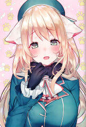 Rule 34 | 1girl, animal ears, atago (kancolle), beret, black gloves, blonde hair, blue headwear, blush, breasts, cat ears, gloves, grey eyes, hair between eyes, hat, highres, kantai collection, large breasts, long hair, long sleeves, looking at viewer, military, military uniform, open mouth, scan, smile, suzuho hotaru, uniform